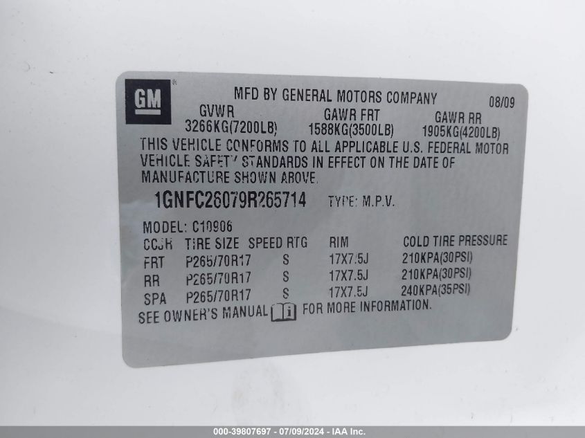 2009 Chevrolet Suburban 1500 Lt1 VIN: 1GNFC26079R265714 Lot: 39807697