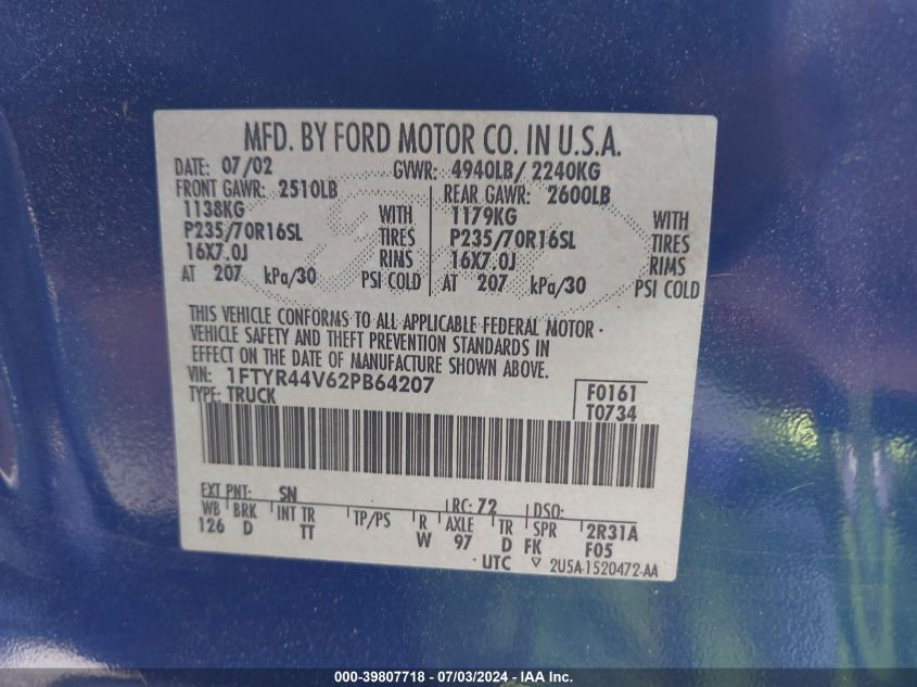 2002 Ford Ranger Edge/Tremor/Xlt VIN: 1FTYR44V62PB64207 Lot: 39807718