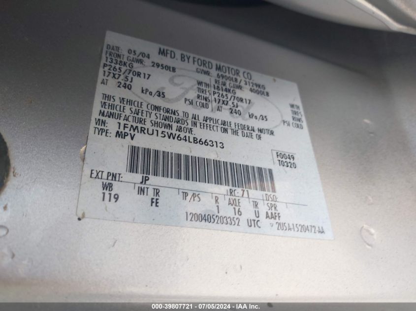 2004 Ford Expedition Xlt VIN: 1FMRU15W64LB66313 Lot: 39807721