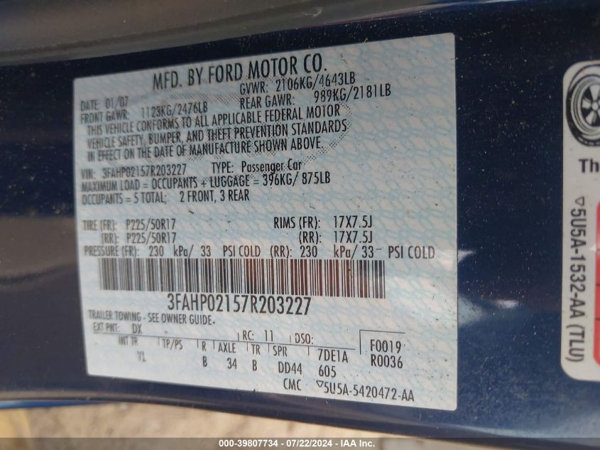 2007 Ford Fusion Sel VIN: 3FAHP02157R203227 Lot: 39807734
