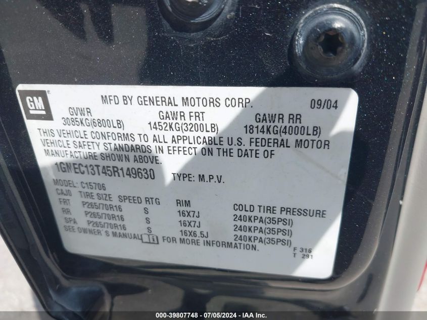 2005 Chevrolet Tahoe Ls VIN: 1GNEC13T45R149630 Lot: 39807748