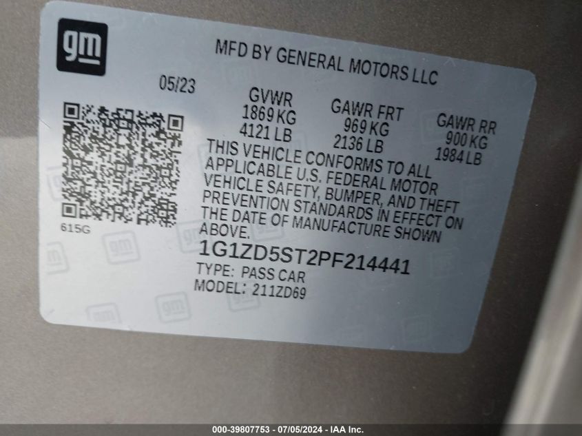 2023 Chevrolet Malibu Fwd 1Lt VIN: 1G1ZD5ST2PF214441 Lot: 39807753