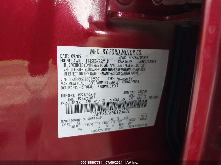 2006 Ford Five Hundred Limited VIN: 1FAHP25186G125801 Lot: 39807764