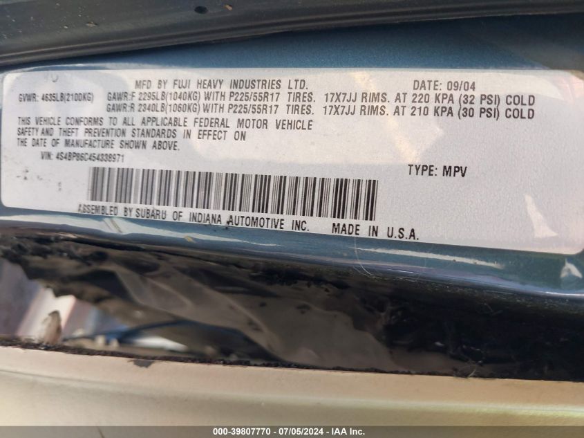 2005 Subaru Outback 3.0R L.l. Bean Edition VIN: 4S4BP86C454338971 Lot: 39807770