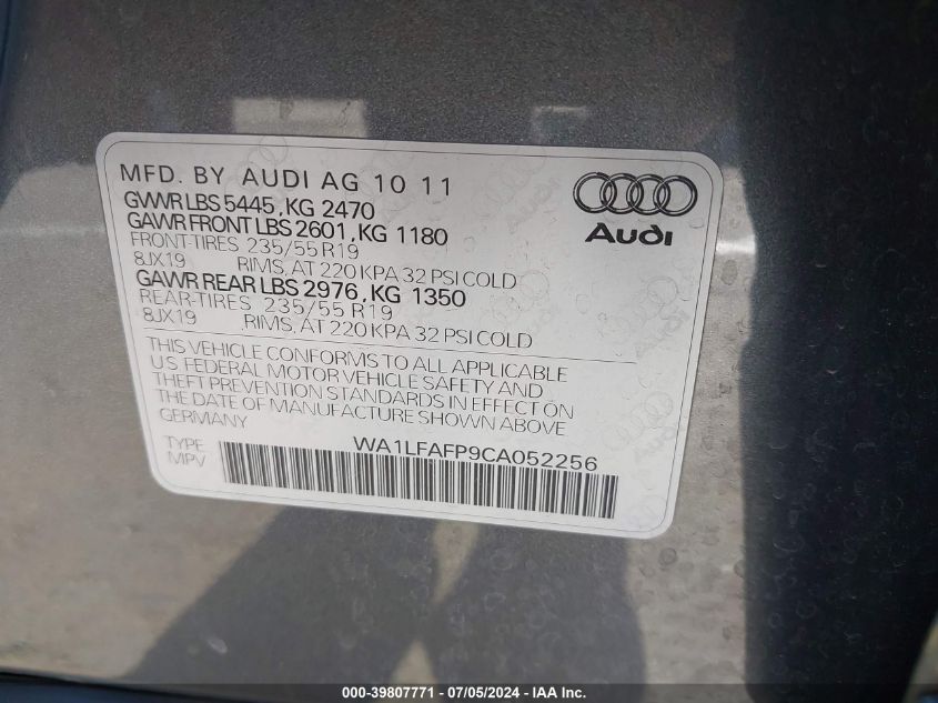 2012 Audi Q5 2.0T Premium VIN: WA1LFAFP9CA052256 Lot: 39807771