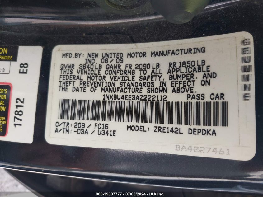 2010 Toyota Corolla Le VIN: 1NXBU4EE3AZ222112 Lot: 39807777