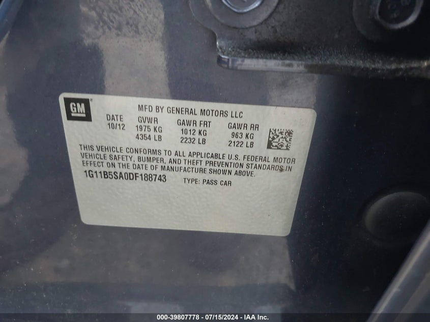 2013 Chevrolet Malibu 1Ls VIN: 1G11B5SA0DF188743 Lot: 39807778