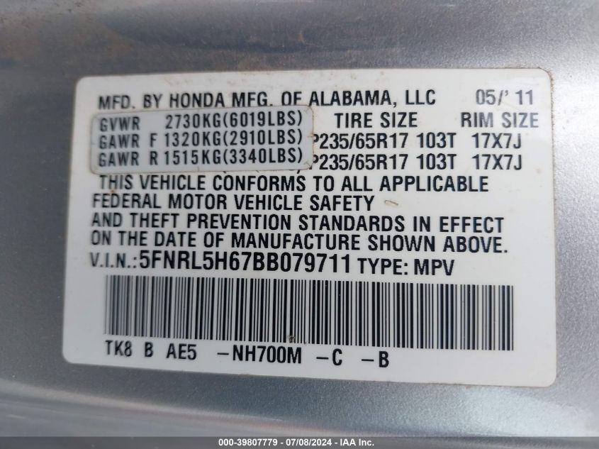 2011 Honda Odyssey Ex-L VIN: 5FNRL5H67BB079711 Lot: 39807779
