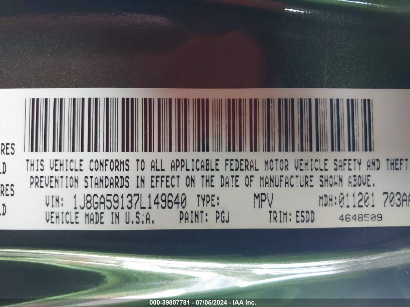 2007 Jeep Wrangler Unlimited Sahara VIN: 1J8GA59137L149640 Lot: 39807781