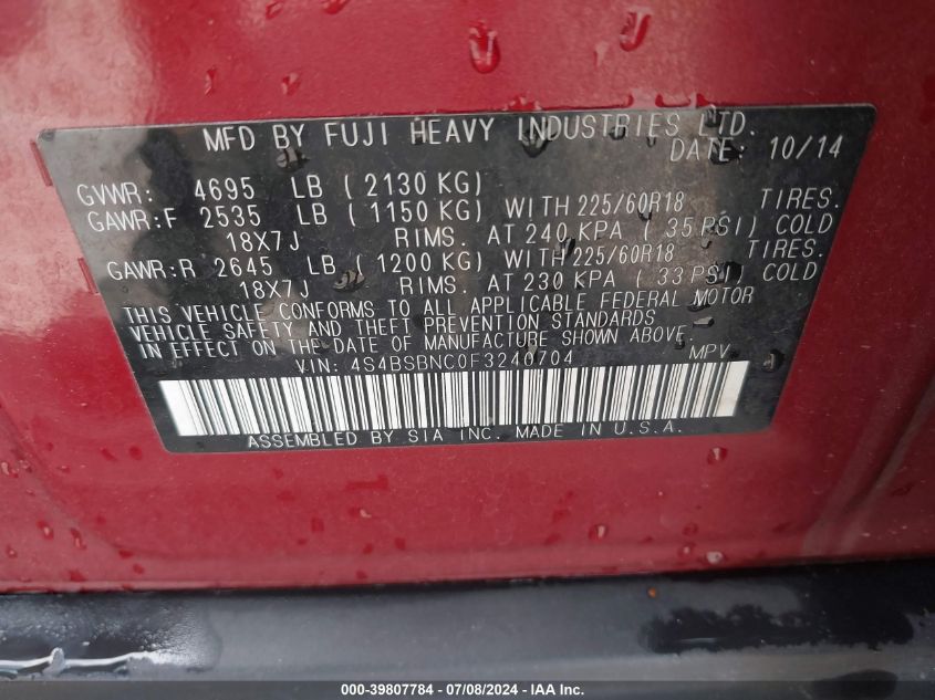 2015 Subaru Outback 2.5I Limited VIN: 4S4BSBNC0F3240704 Lot: 39807784