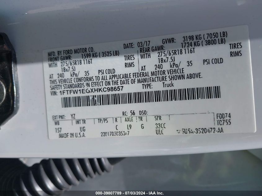 2017 Ford F-150 Xlt VIN: 1FTFW1EGXHKC98657 Lot: 39807789