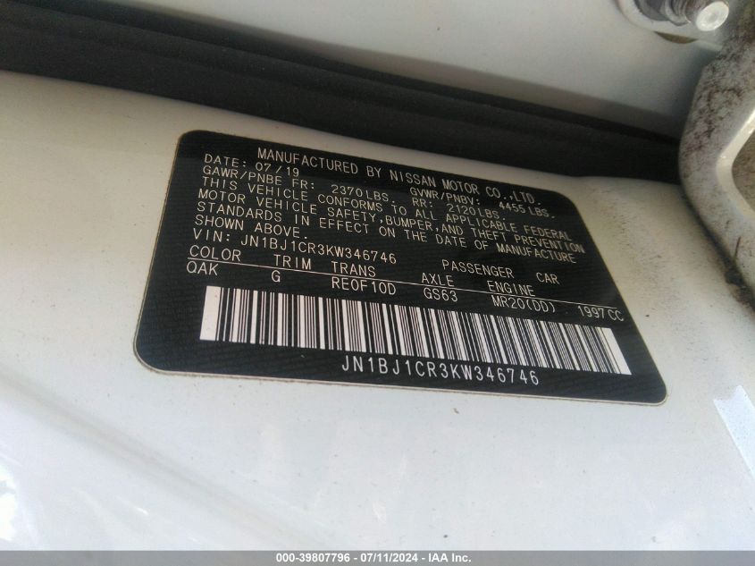 2019 Nissan Rogue Sport S VIN: JN1BJ1CR3KW346746 Lot: 39807796
