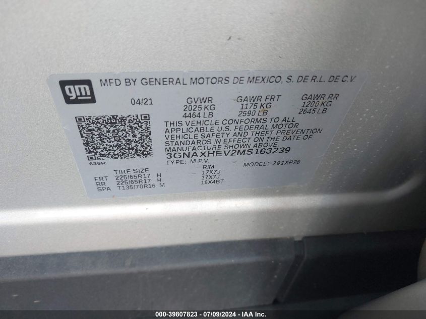 2021 Chevrolet Equinox Ls VIN: 3GNAXHEV2MS163239 Lot: 39807823