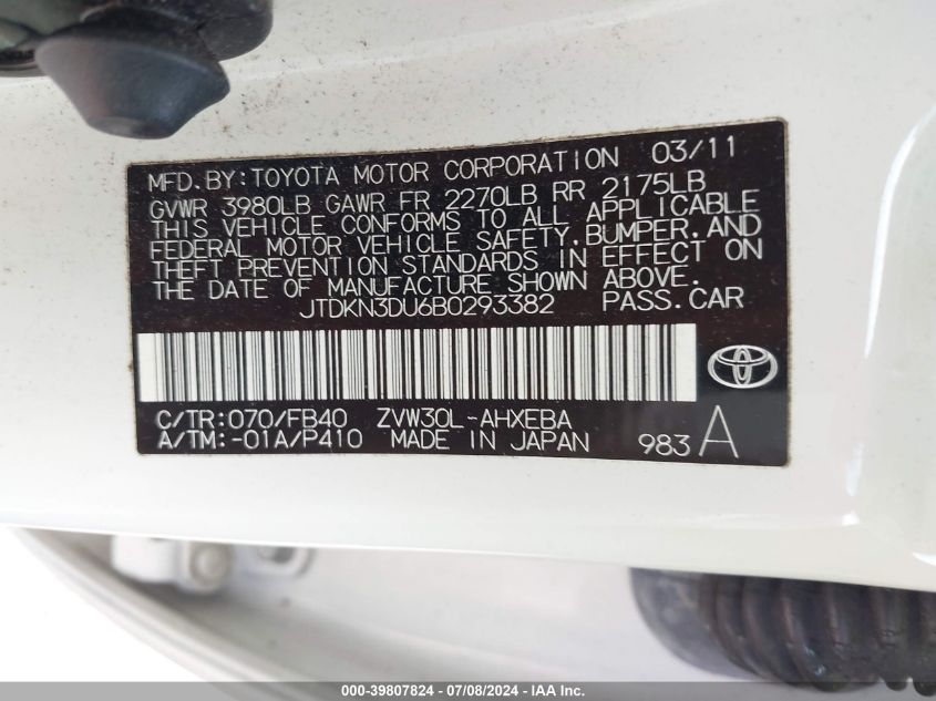 2011 Toyota Prius Two VIN: JTDKN3DU6B0293382 Lot: 39807824