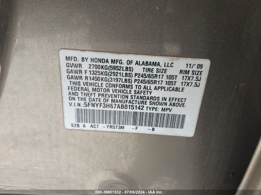 2010 Honda Pilot Ex-L VIN: 5FNYF3H67AB015142 Lot: 39807832