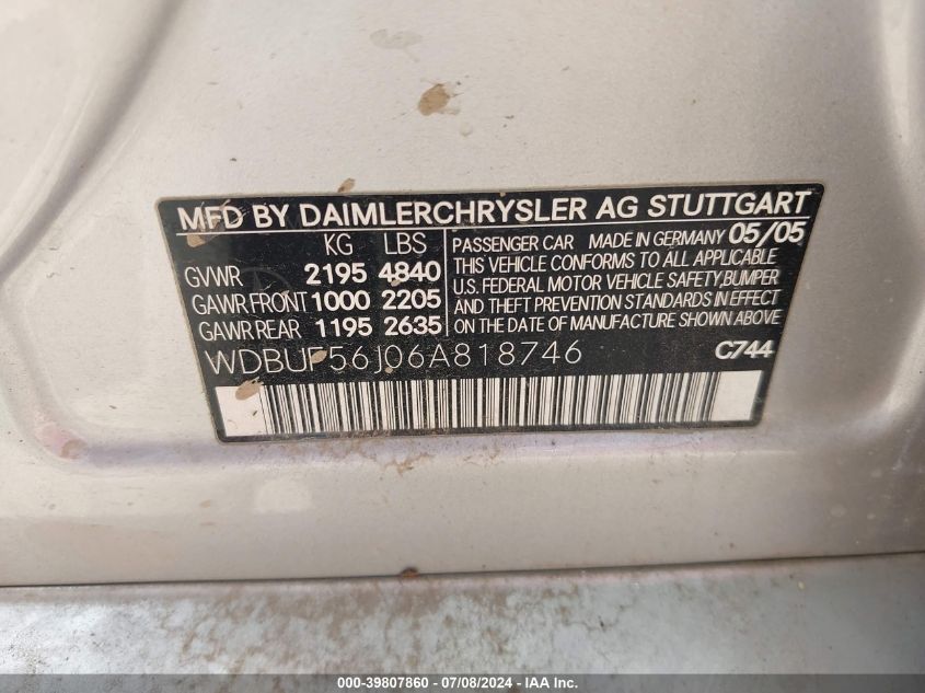 2006 Mercedes-Benz E 350 VIN: WDBUF56J06A818746 Lot: 39807860
