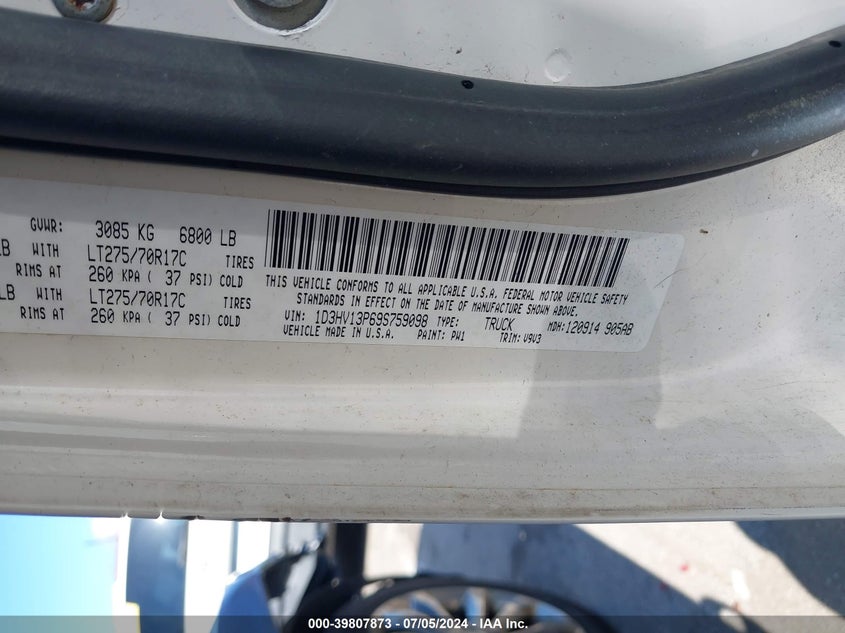 2009 Dodge Ram 1500 Slt/Sport/Trx VIN: 1D3HV13P69S759098 Lot: 39807873