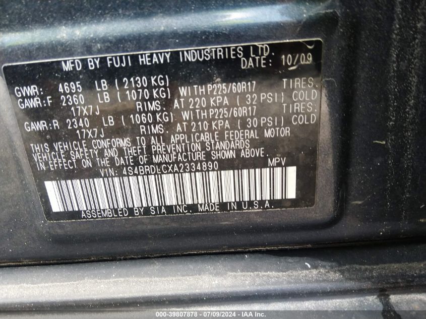 2010 Subaru Outback 3.6R Limited VIN: 4S4BRDLCXA2334890 Lot: 39807878