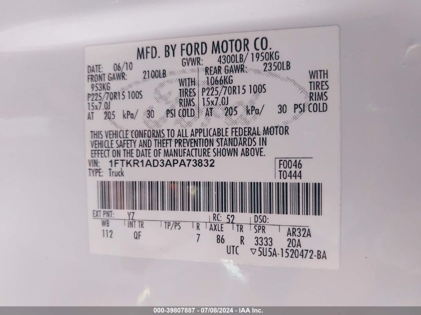 2010 Ford Ranger VIN: 1FTKR1AD3APA73832 Lot: 39807887