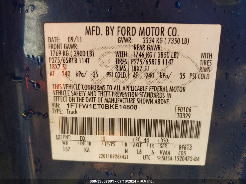 2011 Ford F150 Supercrew VIN: 1FTFW1ET0BKE14808 Lot: 39807891