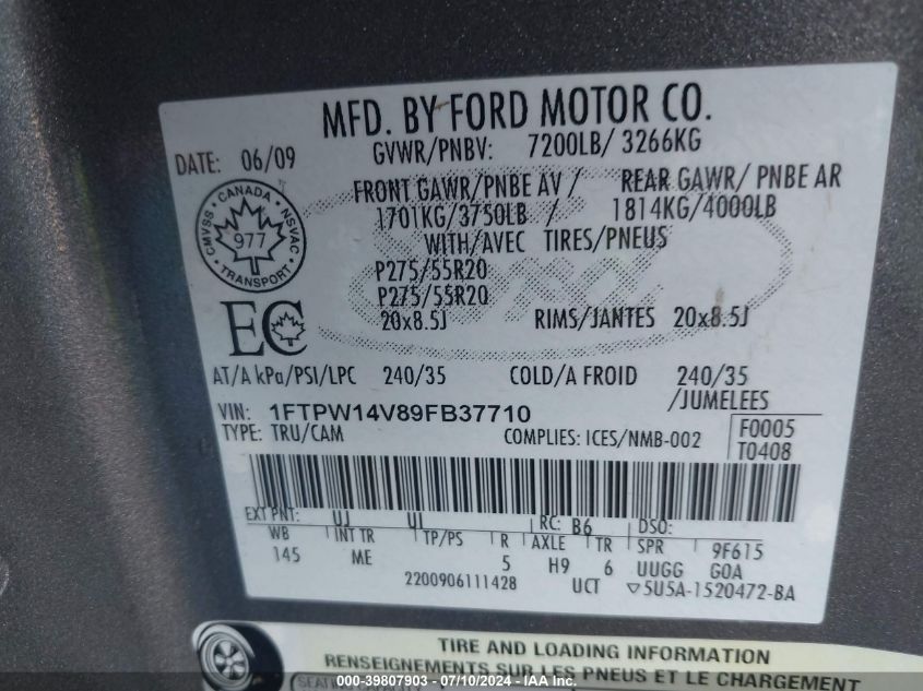 2009 Ford F150 Supercrew VIN: 1FTPW14V89FB37710 Lot: 39807903