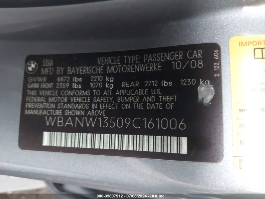 2009 BMW 535I VIN: WBANW13509C161006 Lot: 39807912