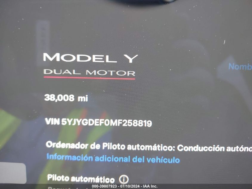 2021 Tesla Model Y VIN: 5YJYGDEF0MF258819 Lot: 39807923