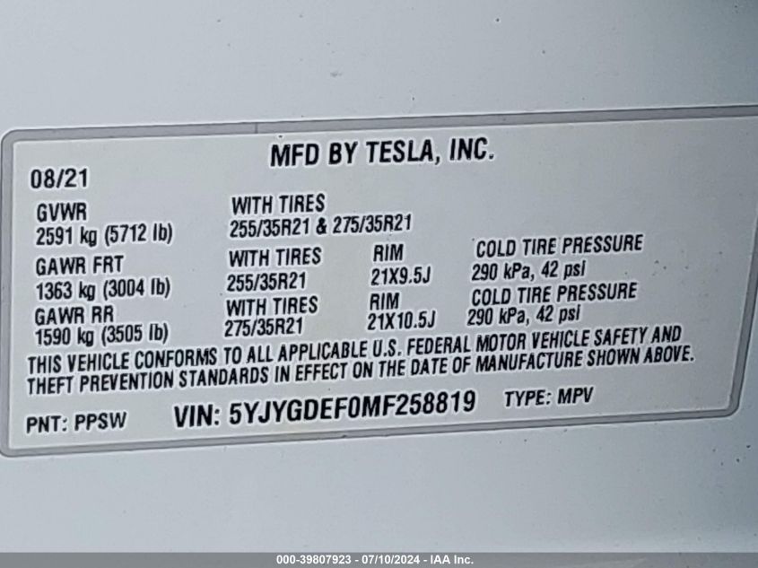 2021 Tesla Model Y VIN: 5YJYGDEF0MF258819 Lot: 39807923