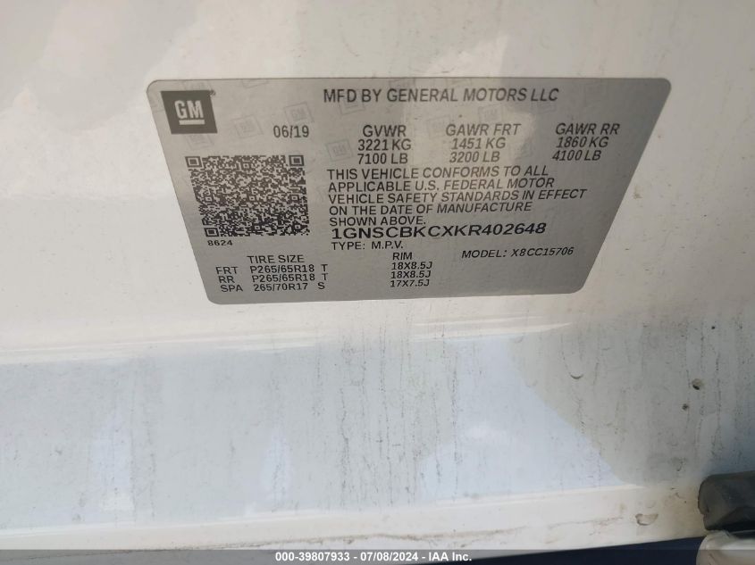 2019 Chevrolet Tahoe C1500 Lt VIN: 1GNSCBKCXKR40264 Lot: 39807933