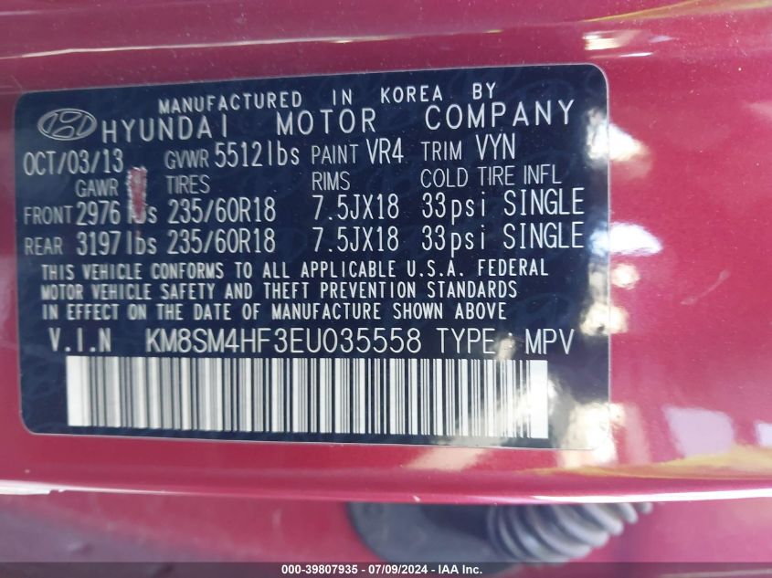 2014 Hyundai Santa Fe Gls VIN: KM8SM4HF3EU035558 Lot: 39807935