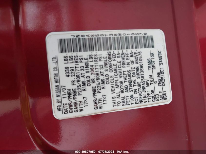 2008 Nissan Rogue S/Sl VIN: JN8AS58T38W010576 Lot: 39807950