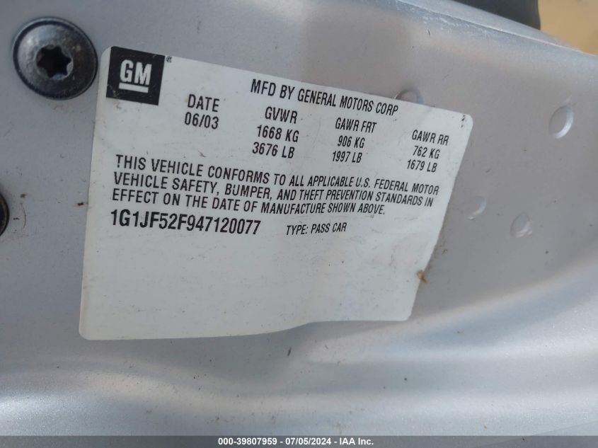 2004 Chevrolet Cavalier Ls VIN: 1G1JF52F947120077 Lot: 39807959