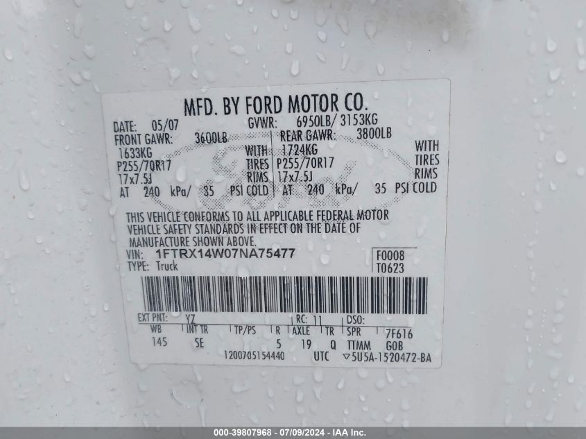 2007 Ford F150 VIN: 1FTRX14W07NA75477 Lot: 39807968