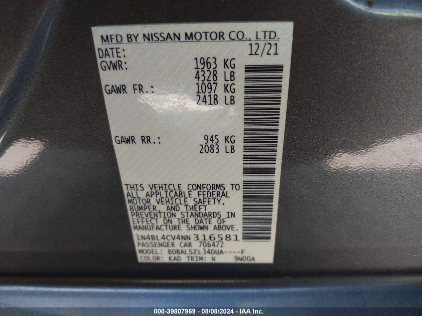 2022 Nissan Altima Sr Fwd VIN: 1N4BL4CV4NN316581 Lot: 39807969