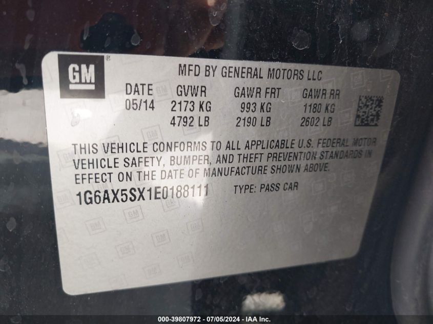 2014 Cadillac Cts Luxury VIN: 1G6AX5SX1E0188111 Lot: 39807972