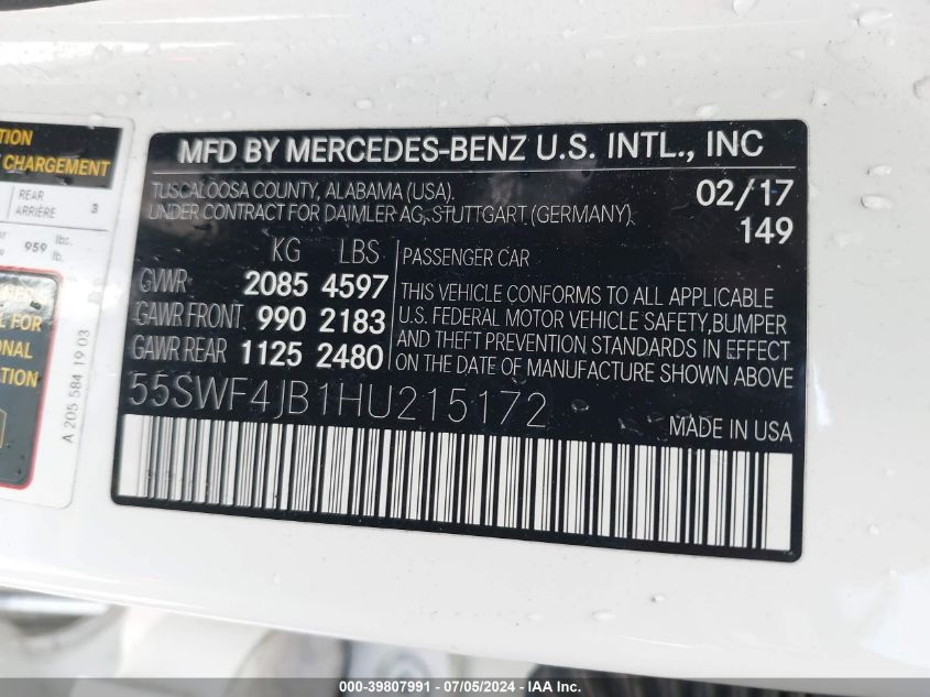 2017 Mercedes-Benz C 300 Luxury/Sport VIN: 55SWF4JB1HU215172 Lot: 39807991