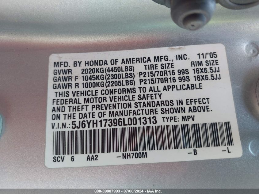 2006 Honda Element Lx VIN: 5J6YH17396L001313 Lot: 39807993