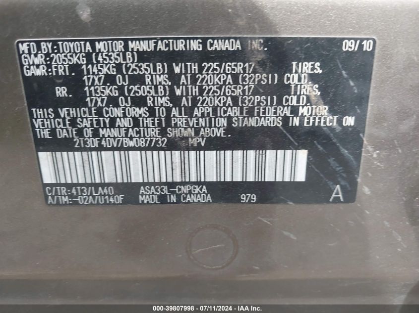 2011 Toyota Rav4 Limited VIN: 2T3DF4DV7BW087732 Lot: 39807998