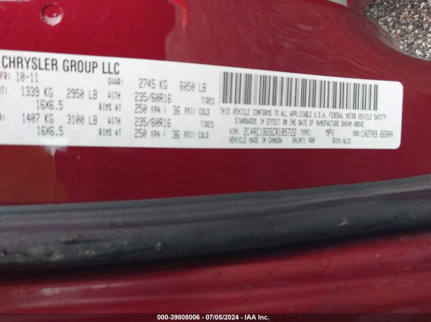 2012 Chrysler Town & Country Touring VIN: 2C4RC1BG5CR185722 Lot: 39808006