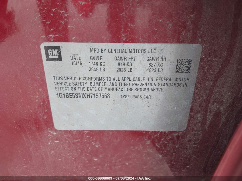2017 Chevrolet Cruze Lt Auto VIN: 1G1BE5SMXH7157568 Lot: 39808009