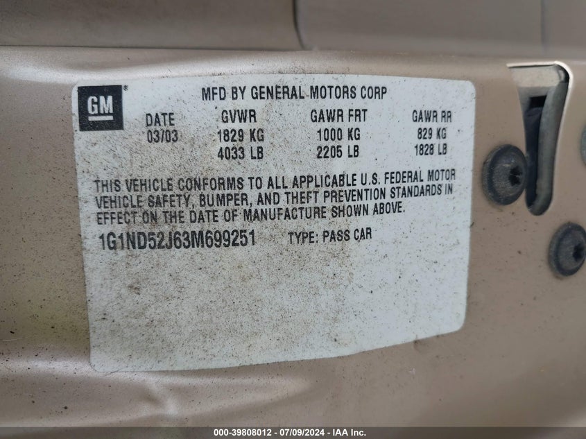 2003 Chevrolet Malibu VIN: 1G1ND52J63M699251 Lot: 39808012