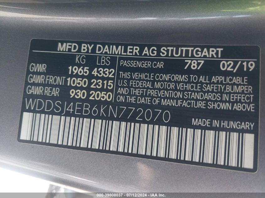 WDDSJ4EB6KN772070 2019 Mercedes-Benz Cla 250