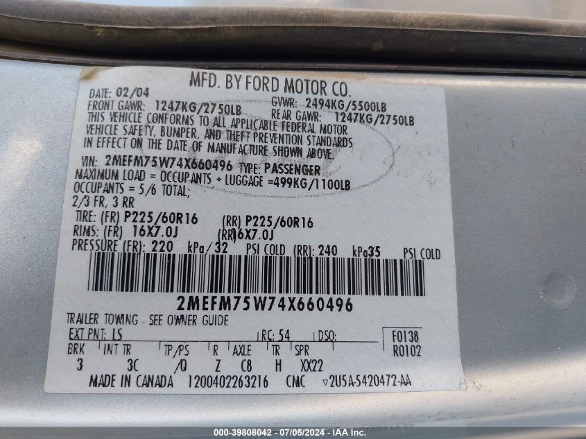 2004 Mercury Grand Marquis Ls VIN: 2MEFM75W74X660496 Lot: 39808042