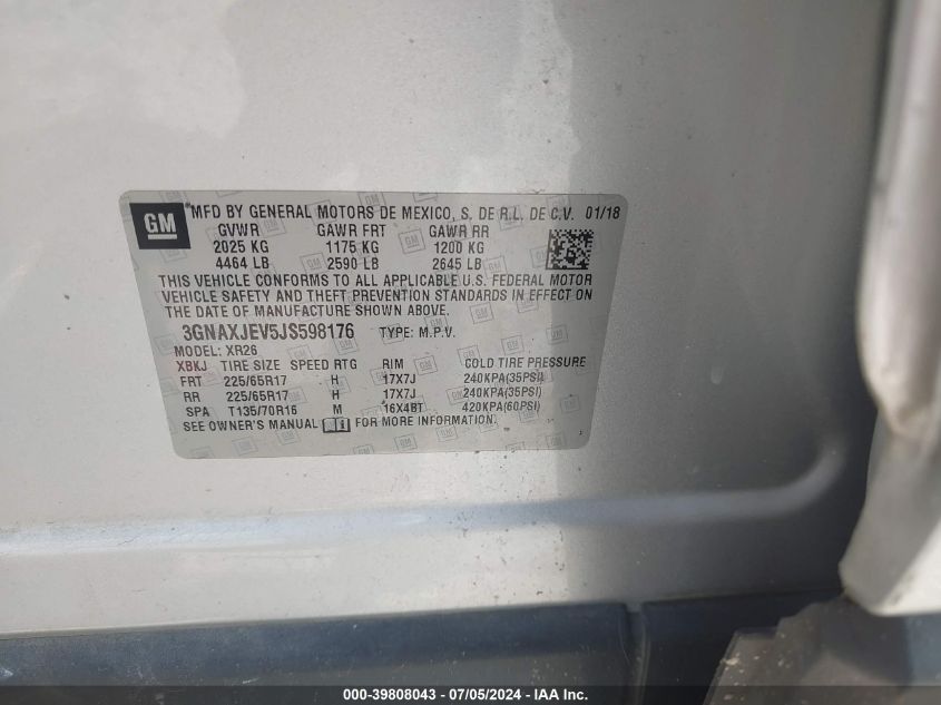 2018 Chevrolet Equinox Lt VIN: 3GNAXJEV5JS598176 Lot: 39808043