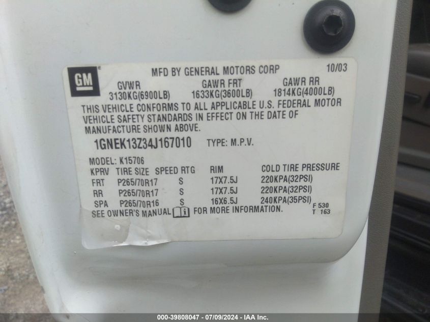 2004 Chevrolet Tahoe K1500 VIN: 1GNEK13Z34J167010 Lot: 39808047