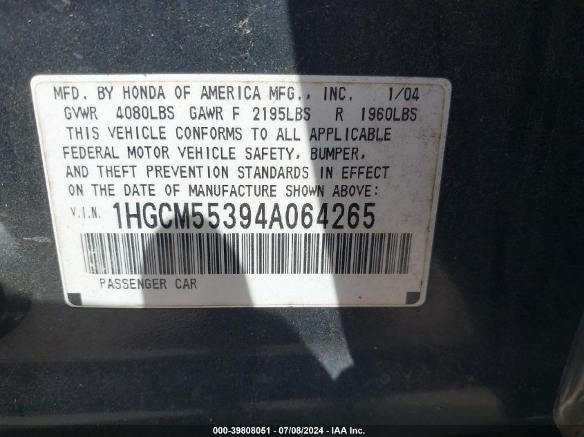 2004 Honda Accord Lx VIN: 1HGCM55394A064265 Lot: 39808051