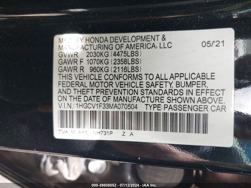 2021 Honda Accord Sport VIN: 1HGCV1F33MA070504 Lot: 39808052