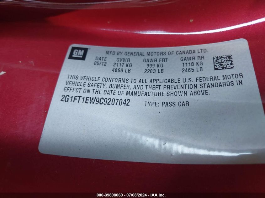 2012 Chevrolet Camaro 2Ss VIN: 2G1FT1EW9C9207042 Lot: 39808060