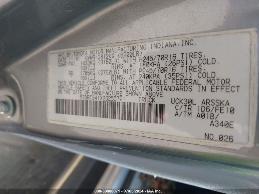 2002 Toyota Tundra Sr5 V8 VIN: 5TBRT341X2S255721 Lot: 39808071