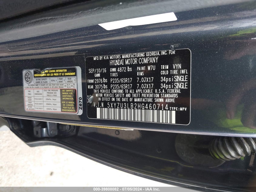 2017 Hyundai Santa Fe Sport 2.4L VIN: 5XYZU3LB2HG460714 Lot: 39808082